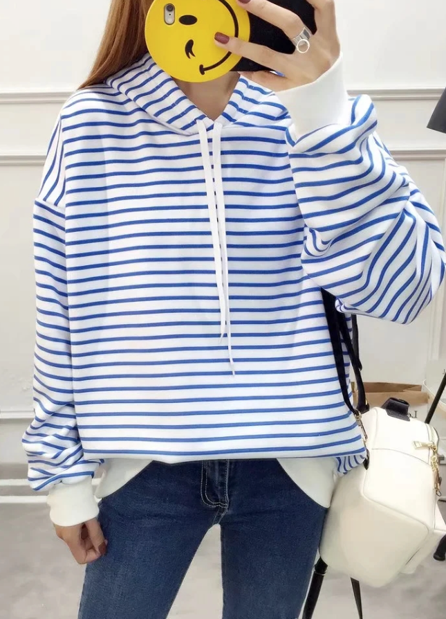 QA-874 - Fashion Stripe Hooded Top Blue